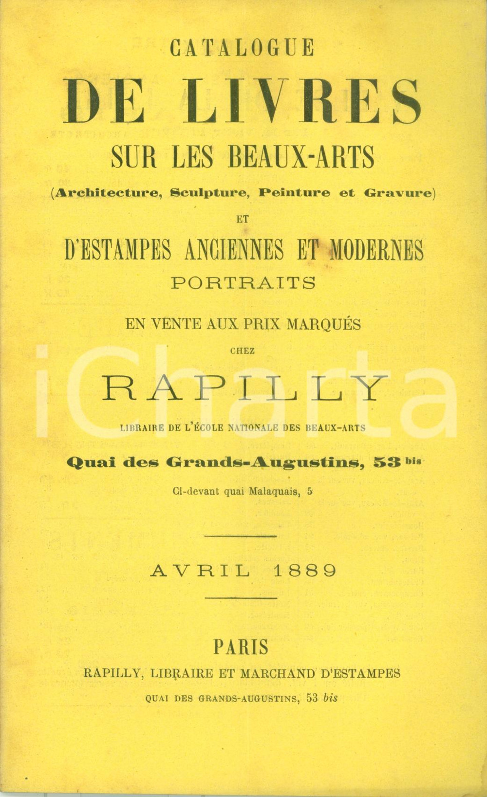Libro, pubblicazione d epoca 1889 PARIS Librairie RAPILLY Catalogue livres architecture peinture portraits 1