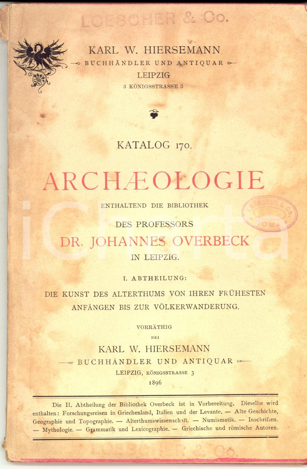 Libro, pubblicazione d epoca 1896 LEIPZIG D Katalog Archaeologie prof. Johannes OVERBECK  Karl HIERSEMANN 1
