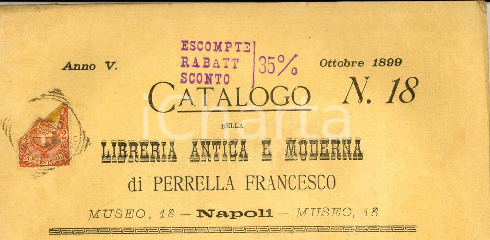 Libro, pubblicazione d epoca 1899 NAPOLI Catalogo Libreria antica e moderna Francesco PERRELLA nÂ° 18 1