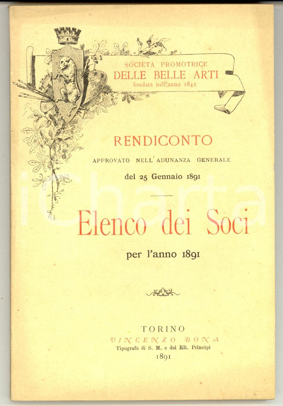 Documento originale, autentico 1891 TORINO Società PROMOTRICE DELLE BELLE ARTI Elenco dei soci  1900 nomi 1