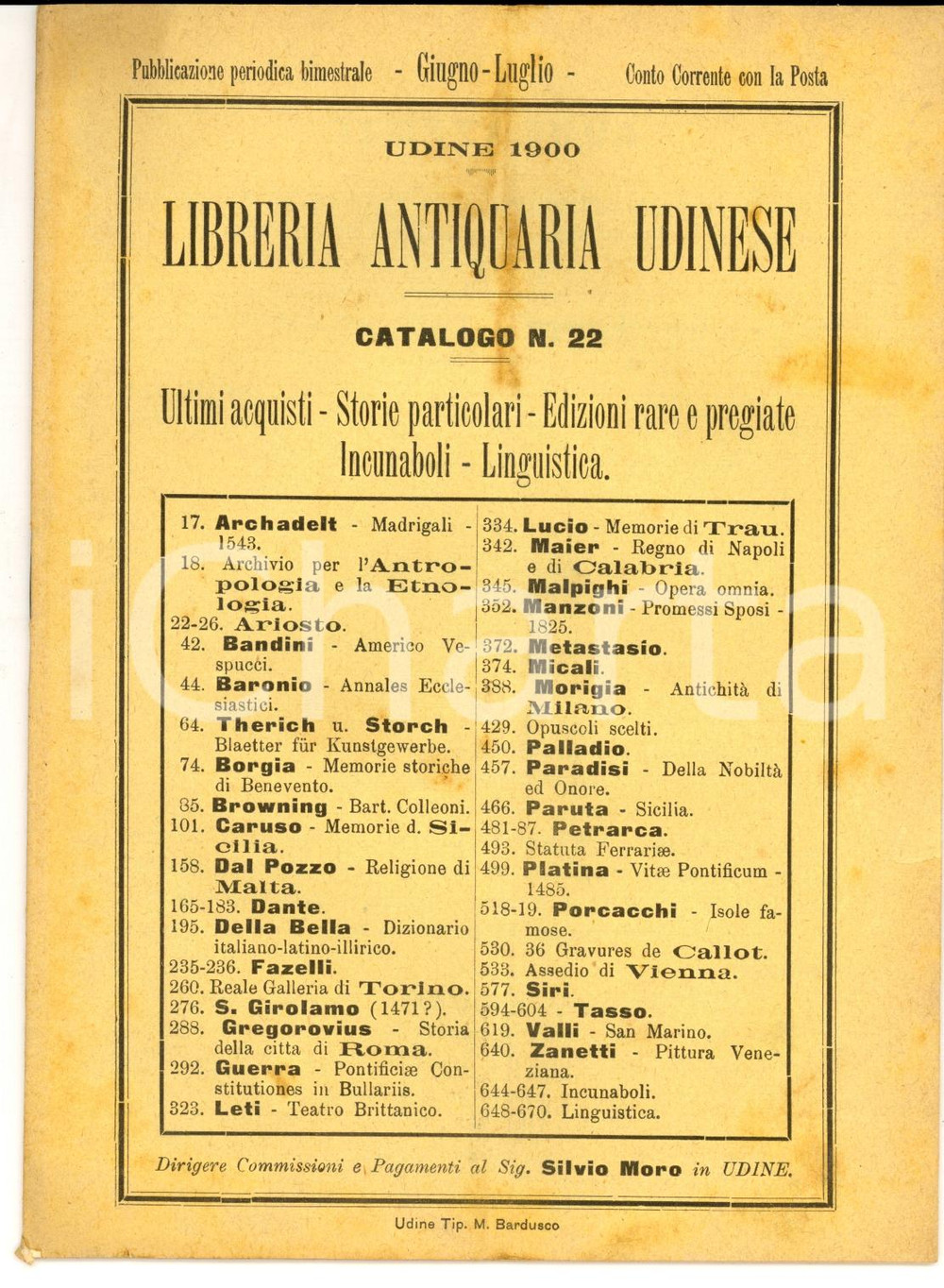 Documento originale, autentico 1900 UDINE Libreria Antiquaria Udinese  Catalogo raritÃ  e incunaboli nÂ° 22 1