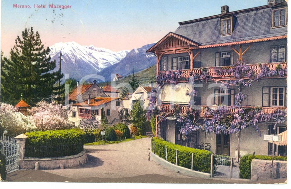 Cartolina originale da collezione 1929 MERANO BZ Veduta con Hotel MAZEGGER Cartolina FP VG 1