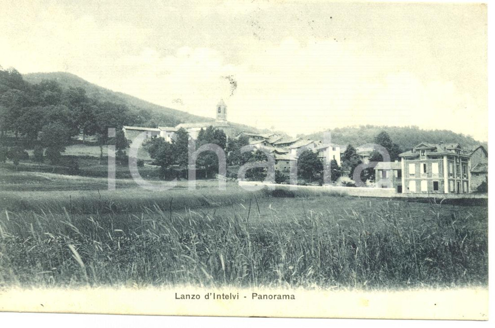 Cartolina originale da collezione 1908 LANZO D INTELVI CO Veduta panoramica del paese tra i campi FP VG 1