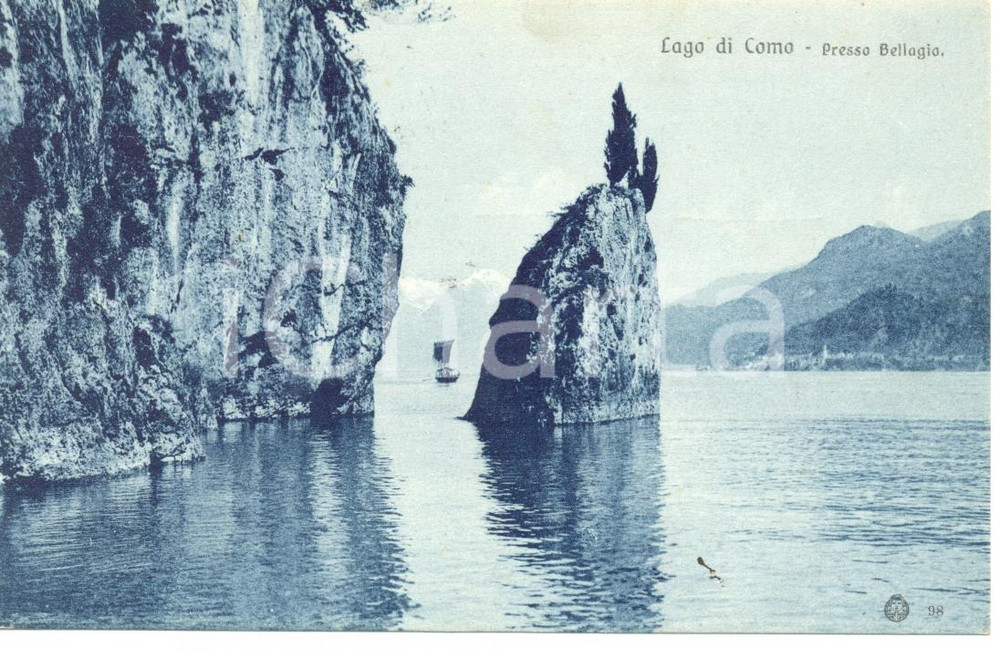 Cartolina originale da collezione 1908 BELLAGIO CO Veduta LAGO DI COMO con scoglio e barca FP VG 1