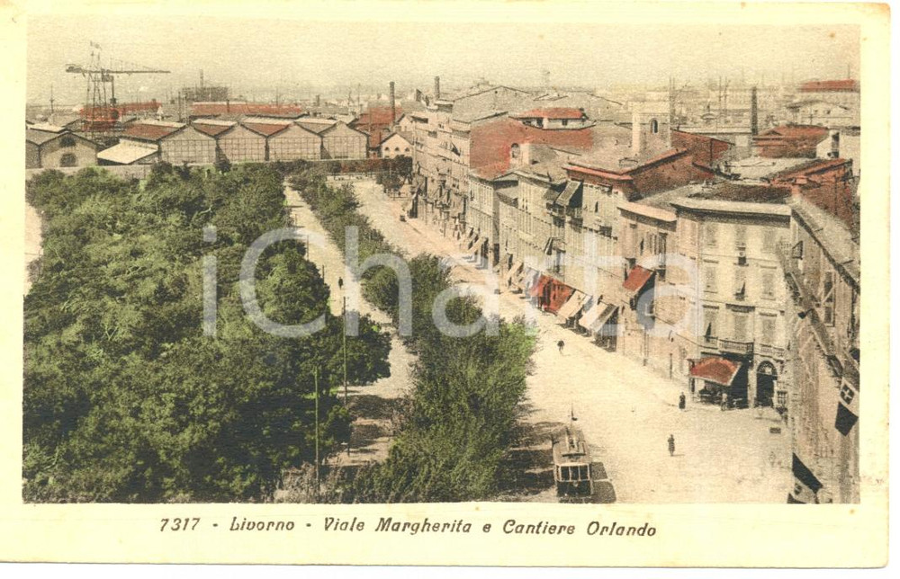 Cartolina originale da collezione 1931 LIVORNO Viale Margherita e Cantiere ORLANDO ANIMATA con tram FP VG 1