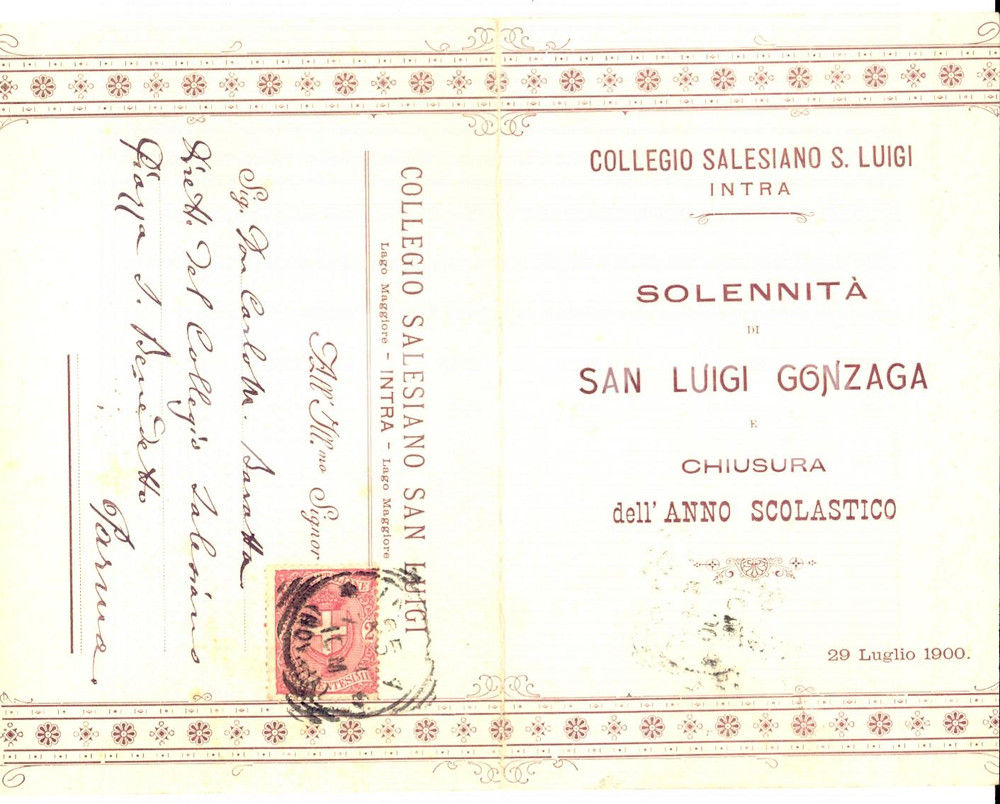 Documento originale, autentico 1900 VERBANIA INTRA Collegio Salesiano SAN LUIGI Programma festa di fine anno 1