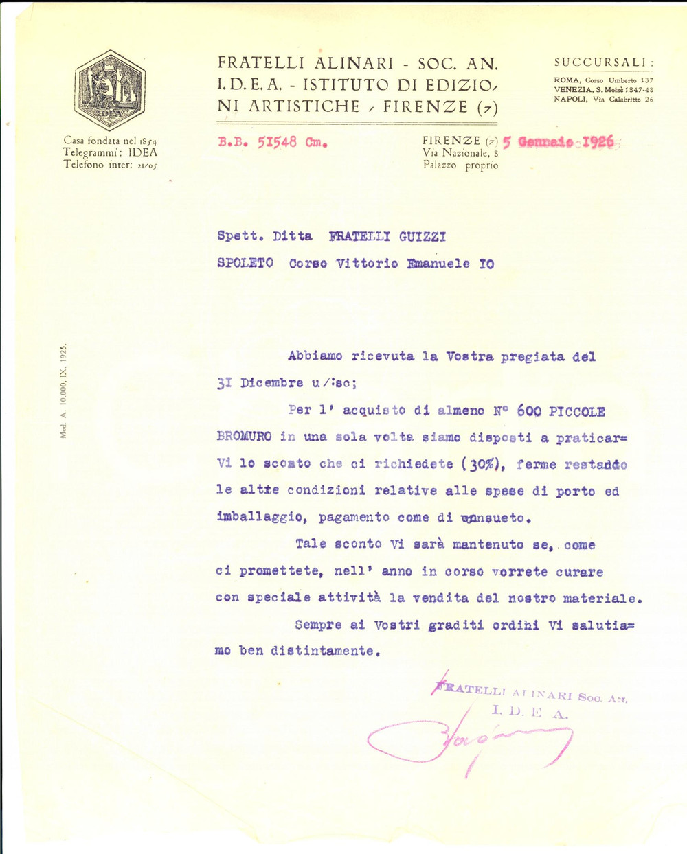 Manoscritto, lettera originale 1926 FIRENZE FRATELLI ALINARI su vendita lastre piccole bromuro Lettera 1