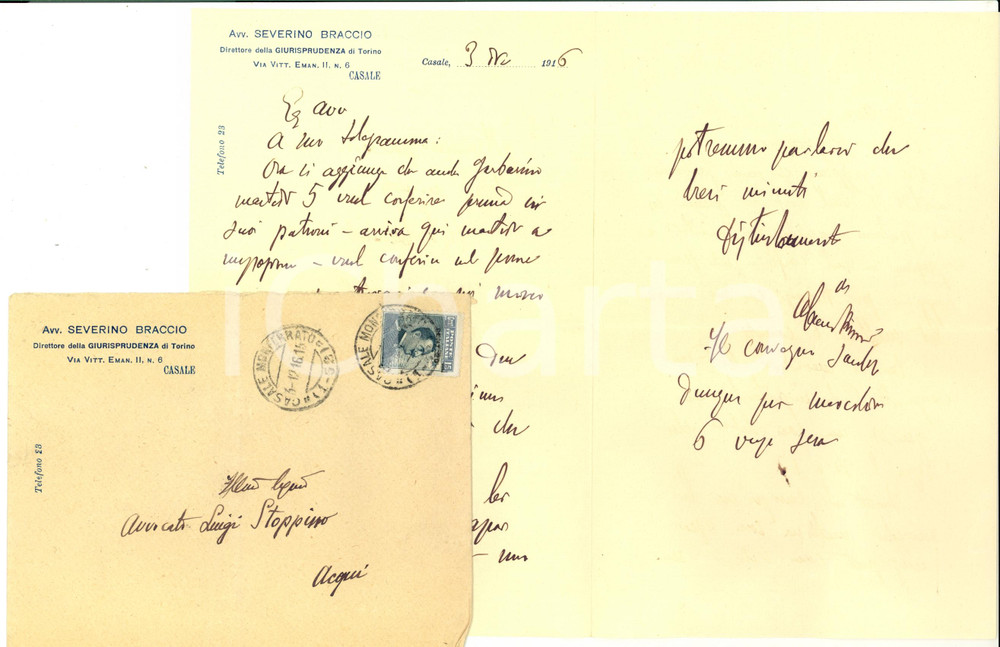 Autografo originale 1916 CASALE MONFERRATO Lettera avv. Severino BRACCO Cesare VINCOBRIO Autografo 1