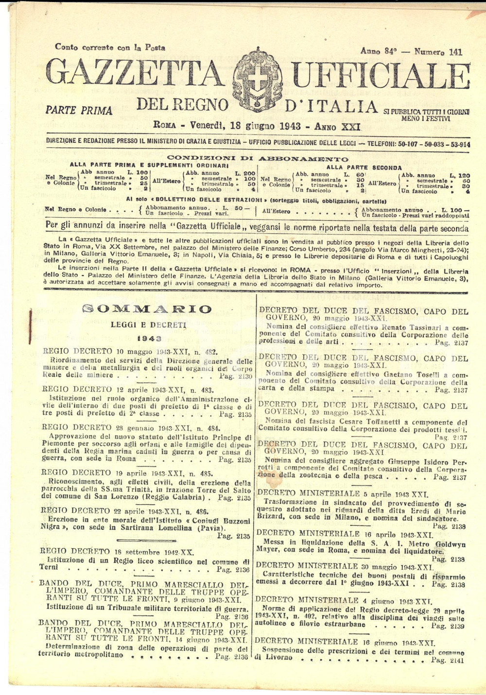 Giornale, rivista storica 18 giugno 1943 GAZZETTA UFFICIALE Anno 84 n°141 Liquidazione METRO GOLDWIN MEYER 1