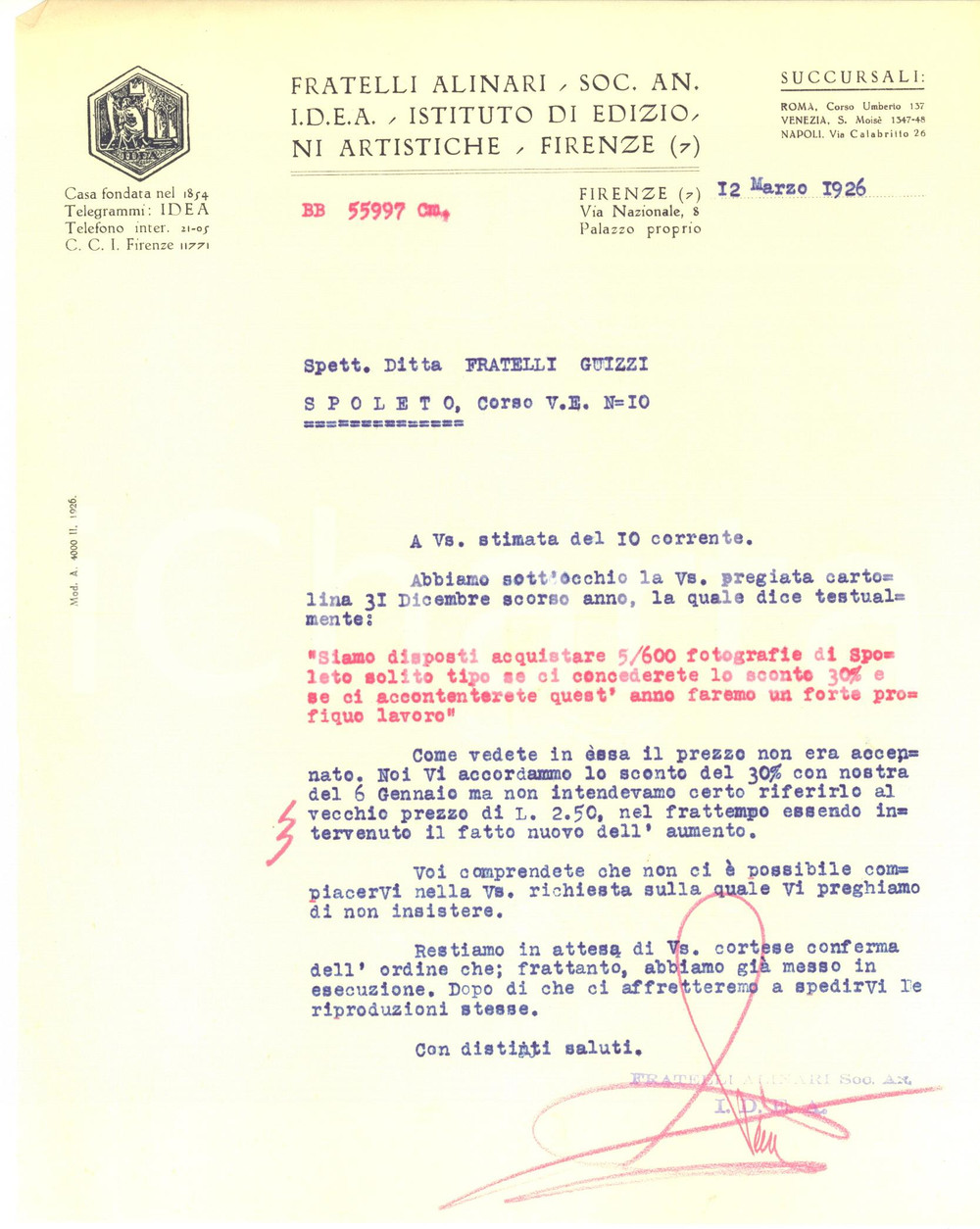 Manoscritto, lettera originale 1926 FIRENZE FRATELLI ALINARI su vendita fotografie di SPOLETO Lettera 1