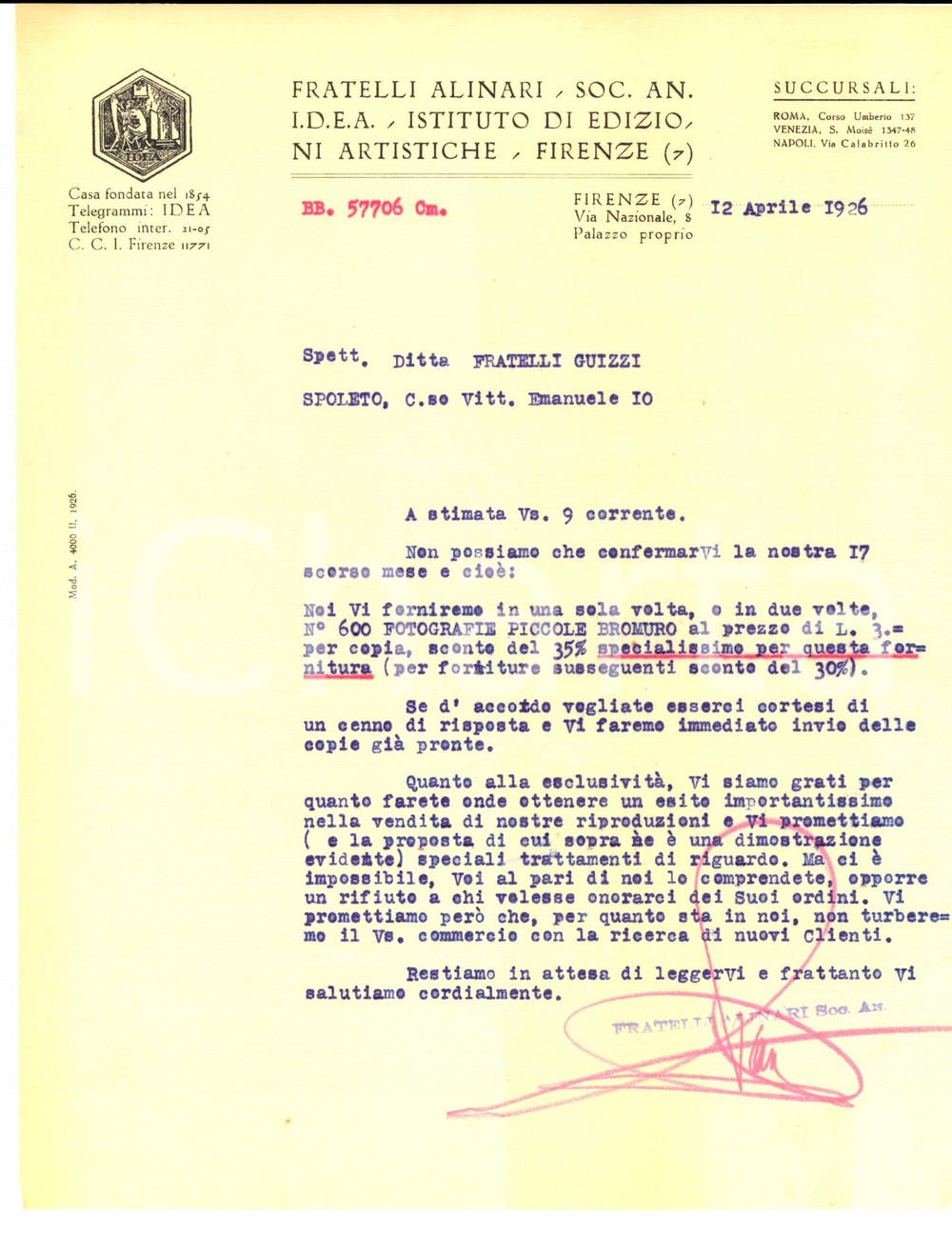 Manoscritto, lettera originale 1926 FIRENZE FRATELLI ALINARI su vendita fotografie SPOLETO Lettera 1