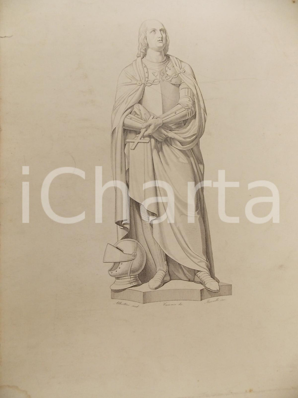 Stampa, bozzetto originale 1830 ca Monumento a un cavaliere  Scultore ALBERTINI Inc. MANNELLI Stampa 1