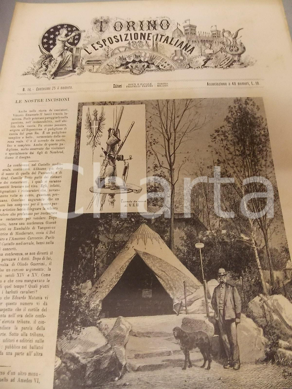 Giornale, rivista storica 1884 TORINO E L ESPOSIZIONE ITALIANA nÂ° 19 Padiglione di caccia Rivista 1