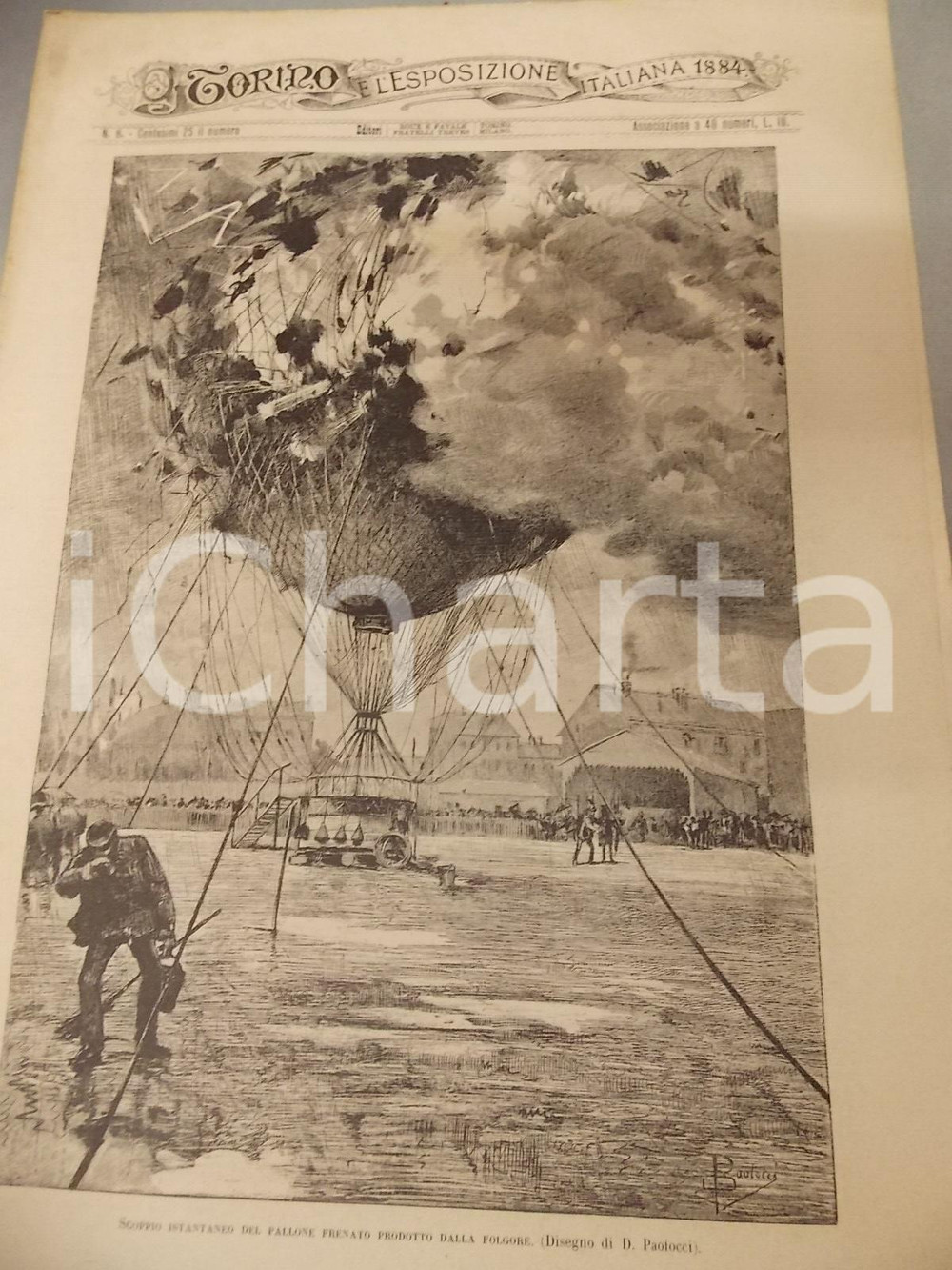 Giornale, rivista storica 1884 TORINO E L ESPOSIZIONE ITALIANA nÂ° 8 Scoppio del pallone frenato Rivista 1