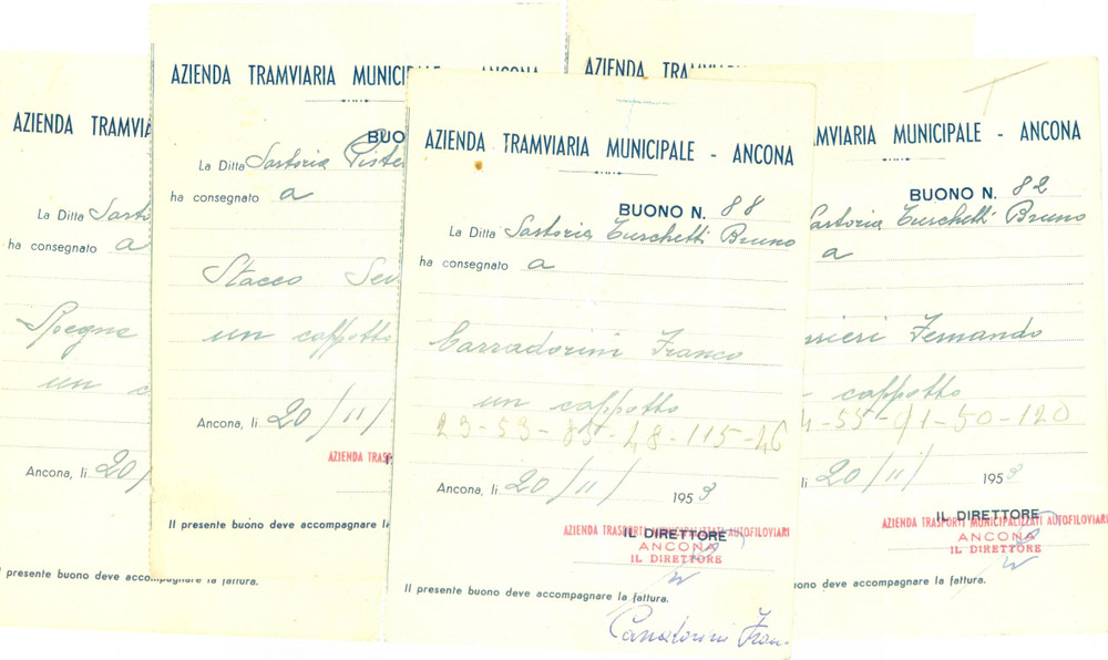 Documento originale, autentico 1953 ANCONA Azienda Tramviaria Municipale Lotto 5 buoni Sartoria Gino PISTELLI 1 1