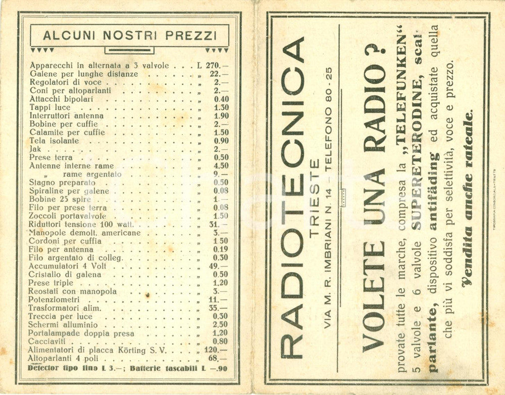 Materiale pubblicitario d’epoca 1940 ca TRIESTE Opuscolo RADIOTECNICA Radio TELEFUNKEN Valvole supereterodine 1