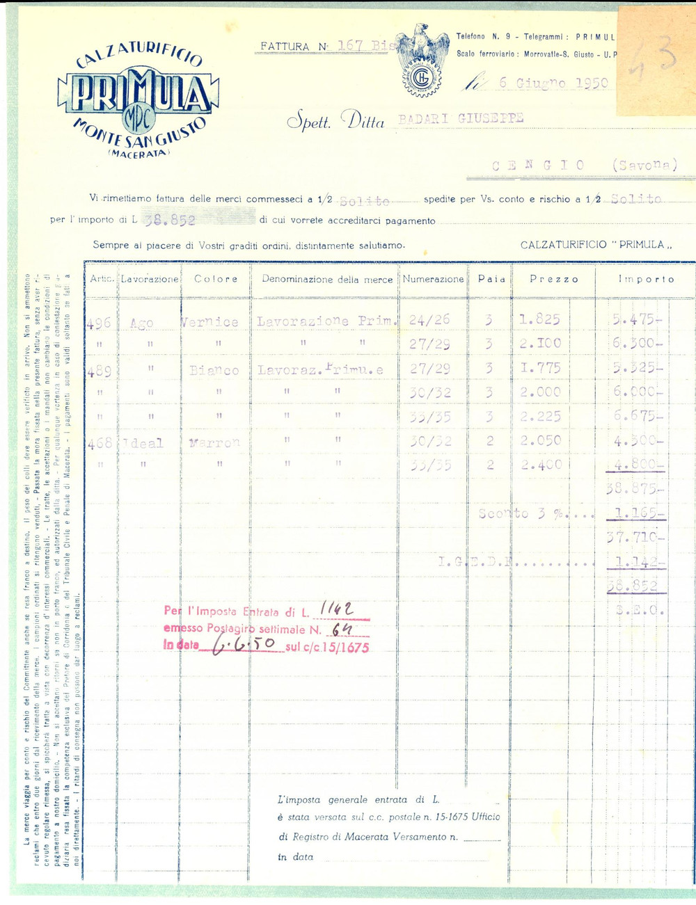 Documento originale, autentico 190 MONTE SAN GIUSTO MC Calzaturificio PRIMULA scarpe vernice Fattura 1