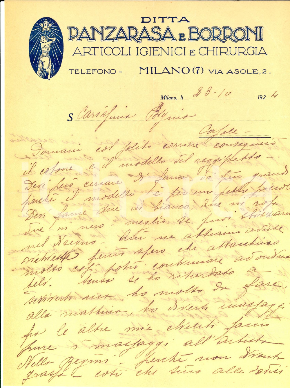 Manoscritto, lettera originale 1924 MILANO Ditta PANZARASA e BORRONI Massaggi dimagranti a Nella REGINI 1