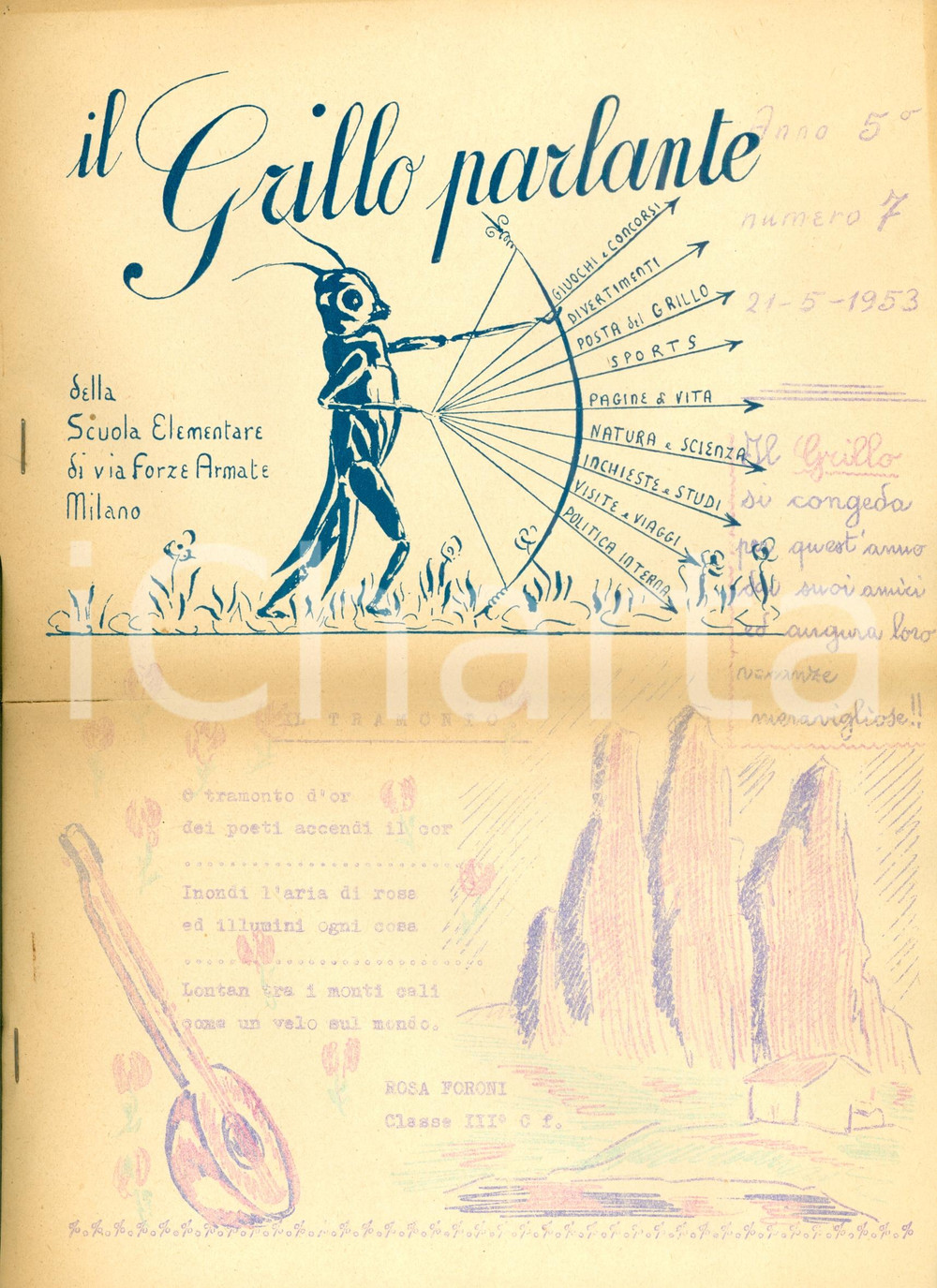 Giornale, rivista storica 1953 MILANO Grillo Parlante giornalino scuole elementari VIA FORZE ARMATE 1