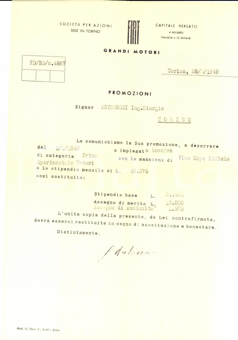 Manoscritto, lettera originale 1949 TORINO FIAT Grandi Motori  Promozione ing. Giorgio ANTONUCCI Lettera 1
