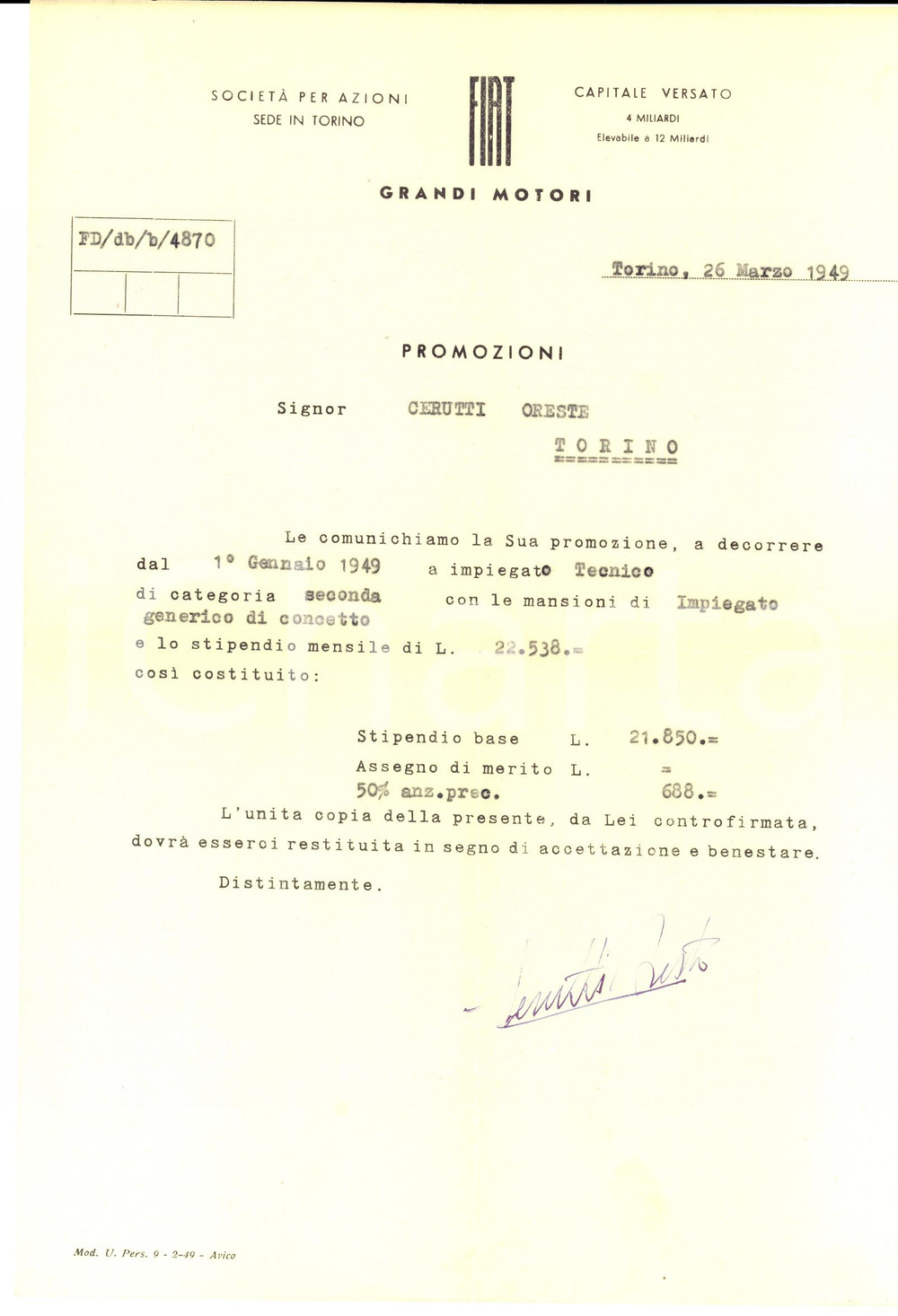 Manoscritto, lettera originale 1949 TORINO FIAT Grandi Motori  Promozione Oreste CERUTTI impiegato Lettera 1