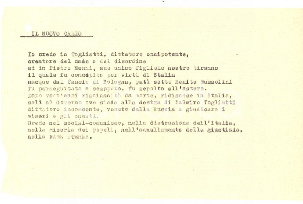 Materiale pubblicitario d’epoca 1948 PROPAGANDA  TOGLIATTI Il nuovo credo, propaganda anticomunista Volantino 1
