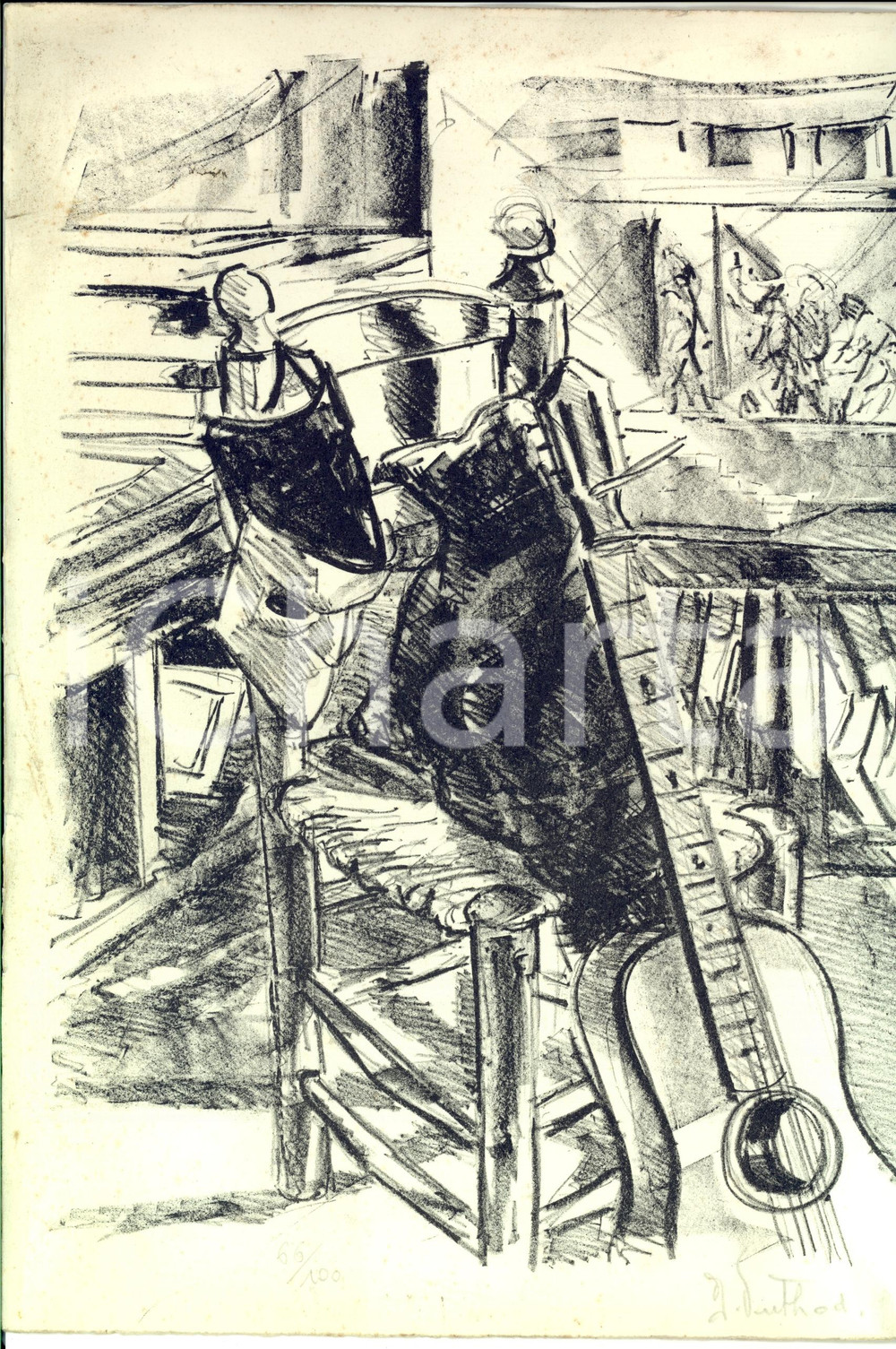 Stampa, bozzetto originale 1970 ca DUTHOD Natura morta con maschera e chitarra Stampa AUTOGRAFATA 1