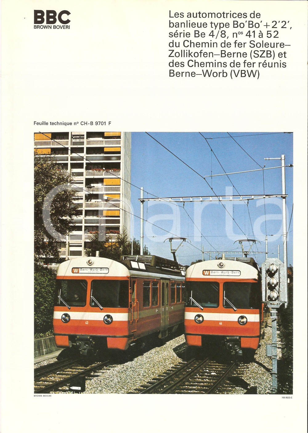 Oggetto da collezione cartaceo 1975 ca SVIZZERA  BROWN BOVERI Scheda tecnica automotrice Linee SZB e VBW 1