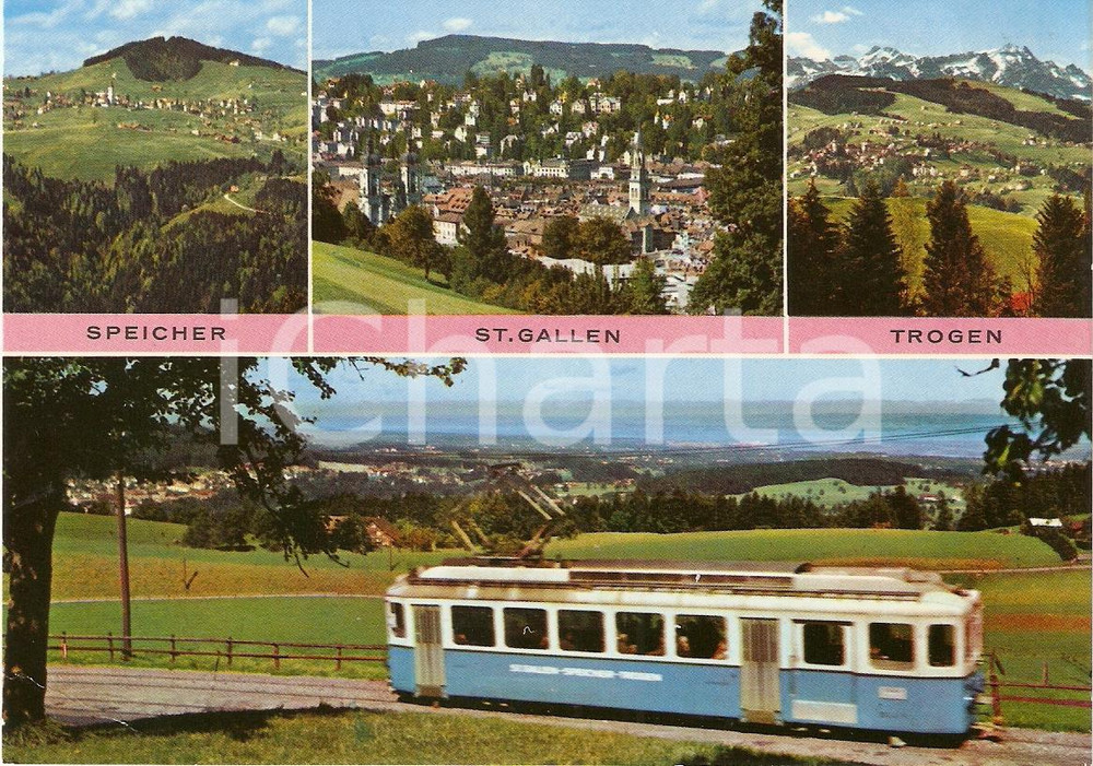 Cartolina originale da collezione 1975 ca SVIZZERA TROGENERBAHN Treno e vedutine Speicher St. Gallen Trogen FG NV 1