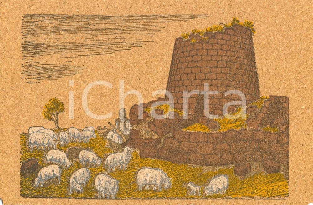 Cartolina originale da collezione 1980 ca SASSARI Paesaggi sardi  Pastore e nuraghe Cartolina postale in SUGHERO 1
