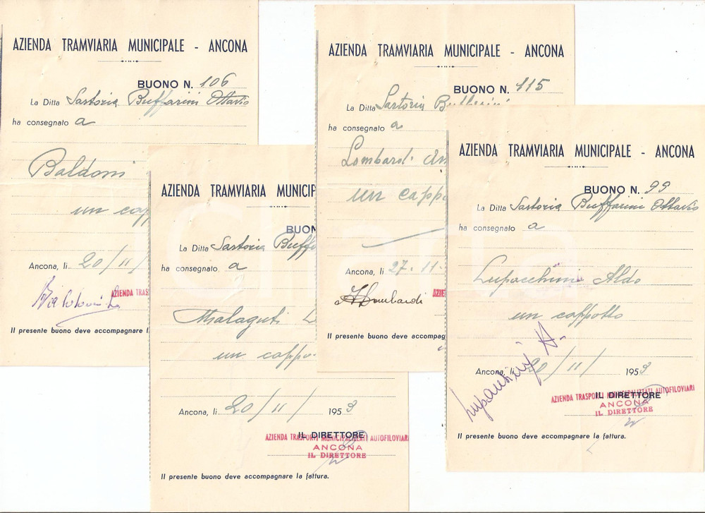 Documento originale, autentico 1953 ANCONA Azienda Tramviaria Municipale Lotto 4 buoni Sartoria BUFFARINI 1
