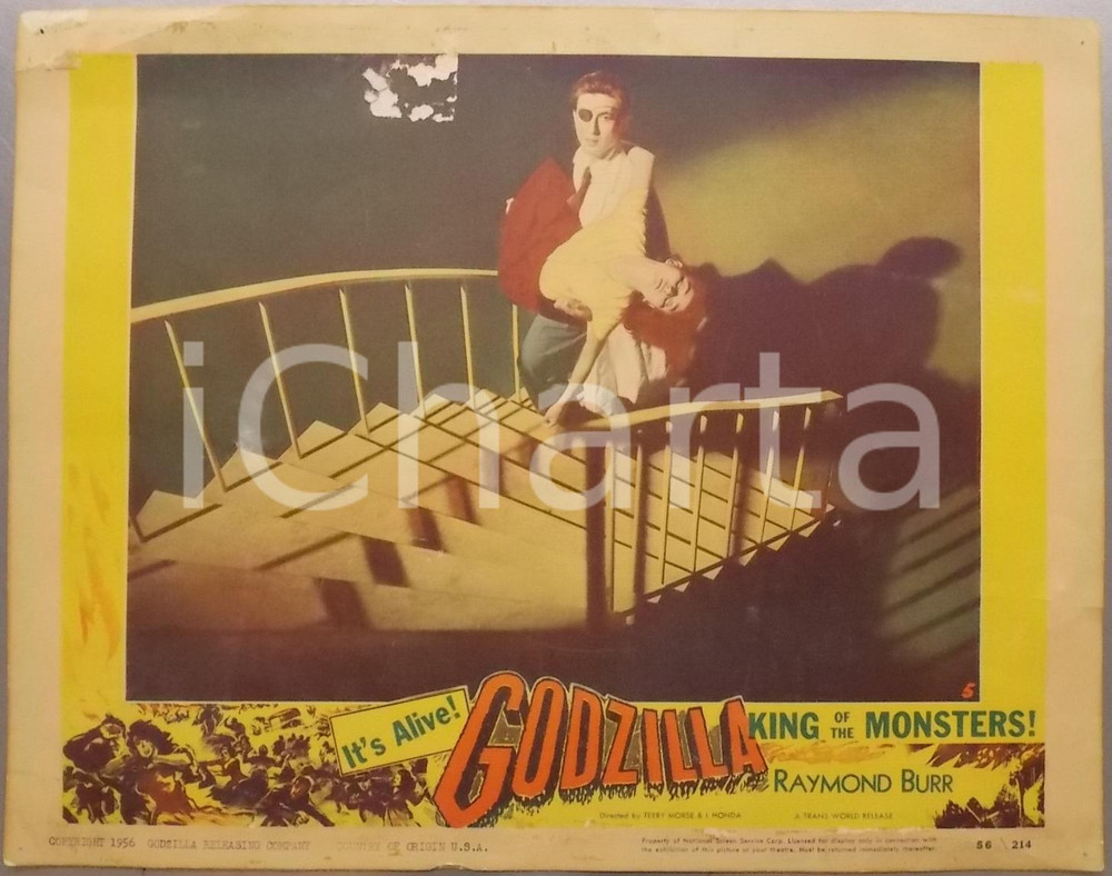 Materiale cinematografico d’epoca 1956 GODZILLA King of the monsters Raymond BURR DANNEGGIATO Movie poster 1