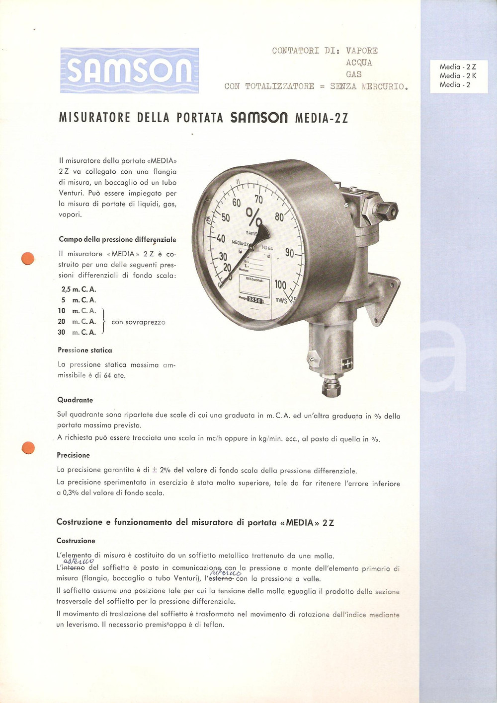 Materiale pubblicitario d’epoca 1959 MILANO SAMSON Misuratore portata media2Z LUIGI DE KÜMMERLIN Scheda tecnica 1