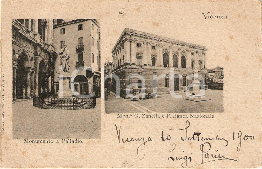 Cartolina originale da collezione 1900 VICENZA Monumento PALLADIO e Giacomo ZANELLA Palazzo BANCA NAZIONALE FP VG 1