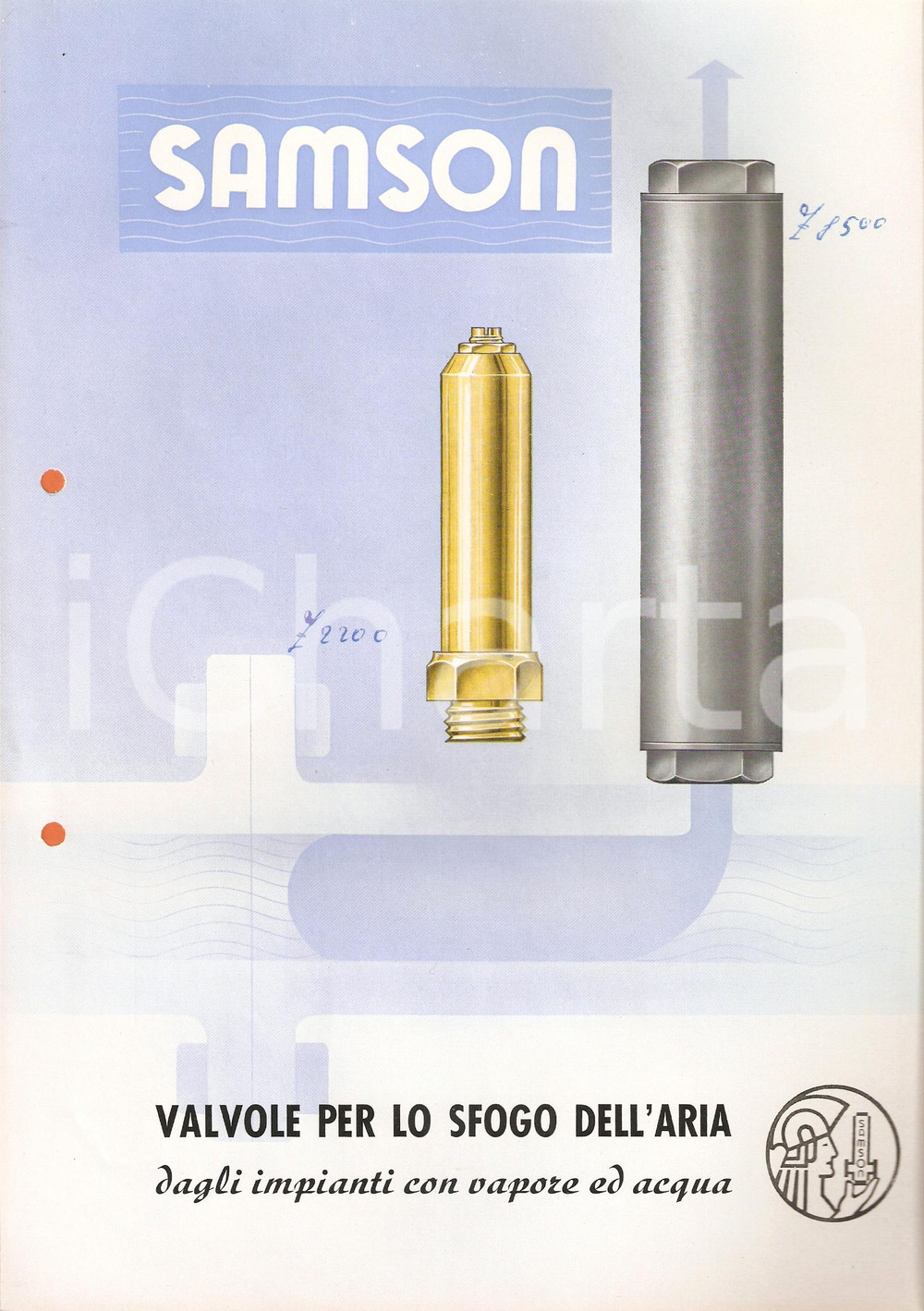 Materiale pubblicitario d’epoca 1959 MILANO SAMSON Valvole sfogo dell aria Ing. DE KÃœMMERLIN Scheda tecnica 1