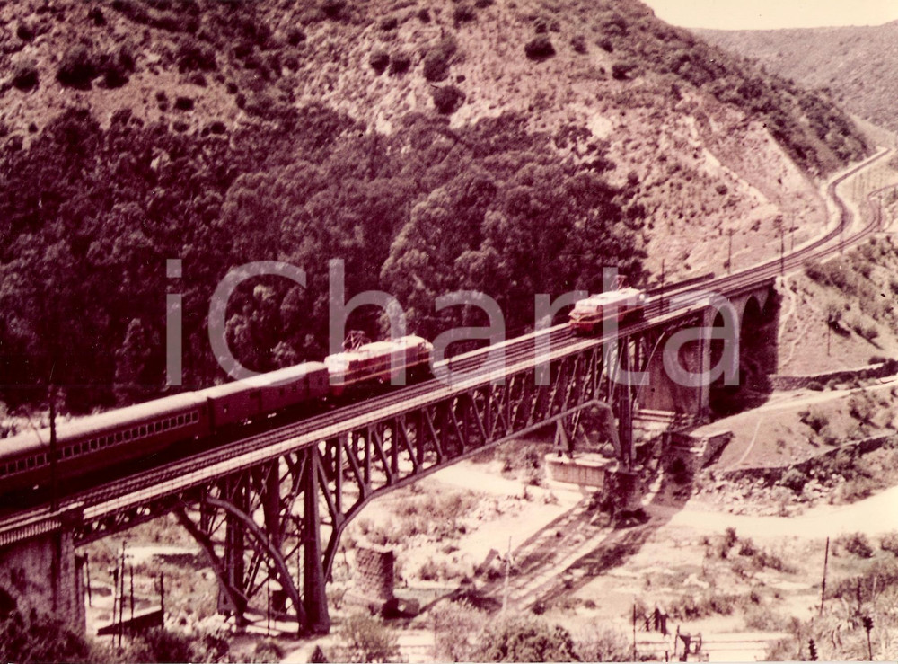 Fotografia d epoca originale 1970 ca CHILE Empresa de Ferrocarriles del Estado EFE Locomotive su ponte Foto 1