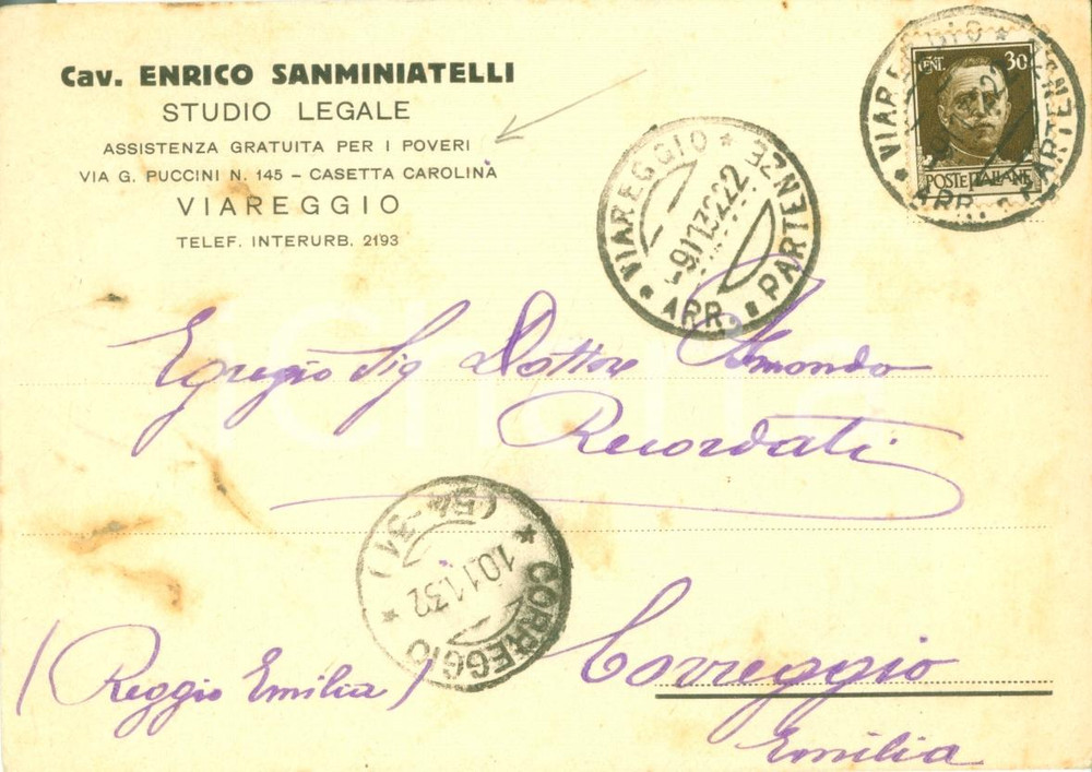 Autografo originale 1932 VIAREGGIO LU Enrico SANMINIATELLI Cacciucco va mangiato subito AUTOGRAFO 1