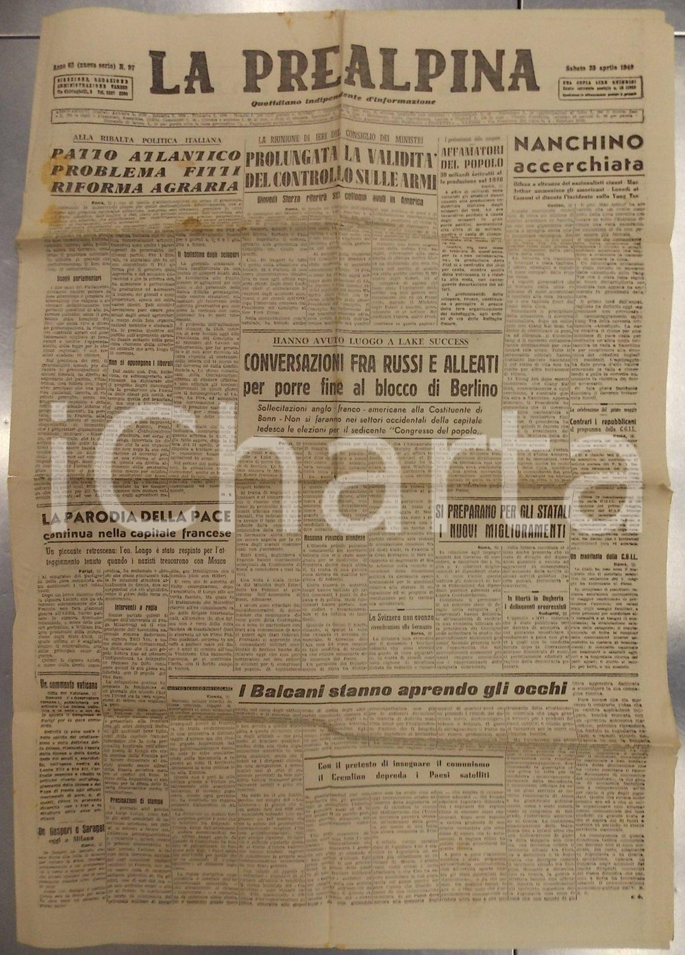 Giornale, rivista storica 1949 LA PREALPINA Situazione politica nei BALCANI attività  COMINFORM Giornale 1