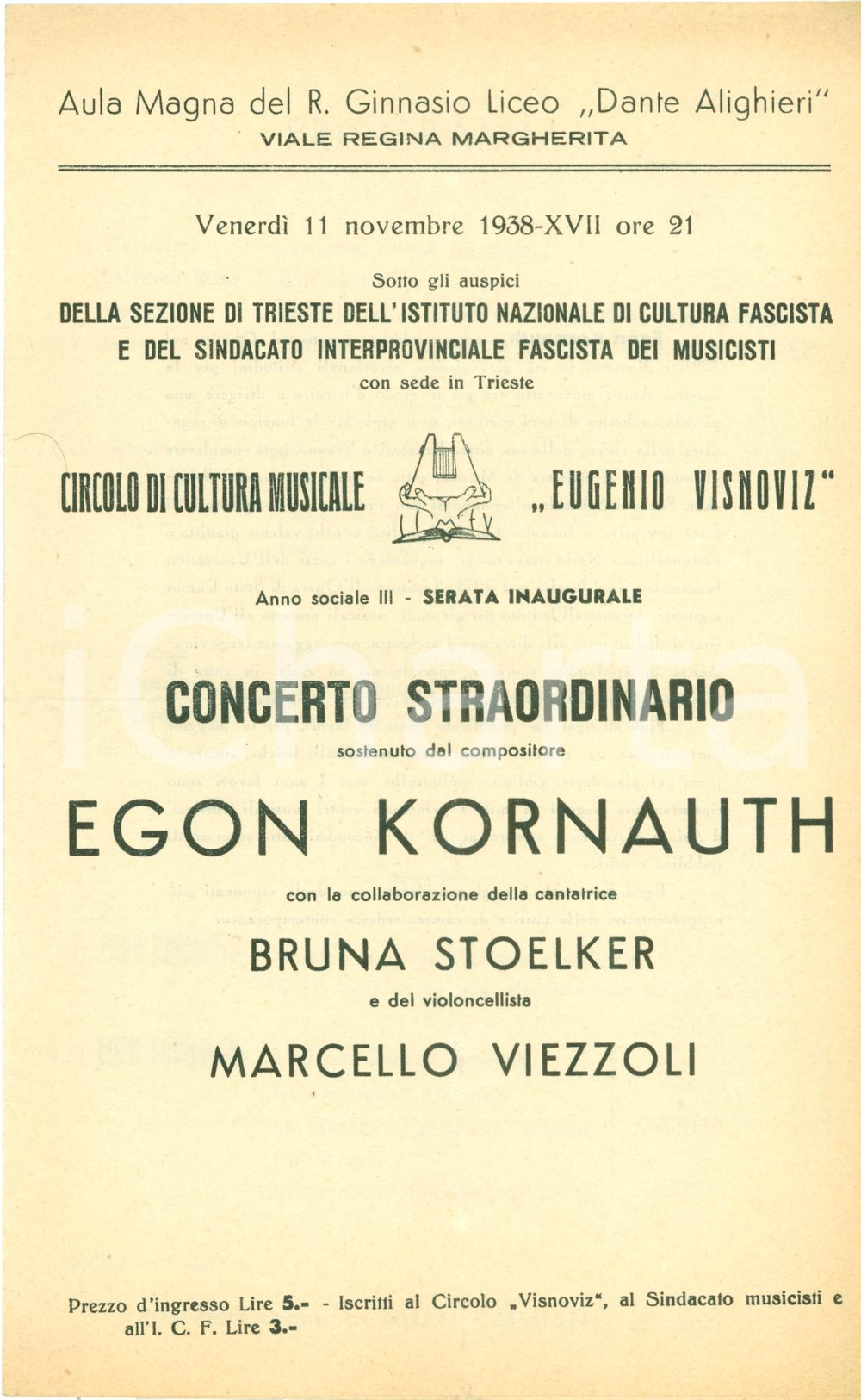 Documento originale, autentico 1938 TRIESTE Circolo musicale VISNOVIZ Concerto Egon KORNAUTH Programma 1