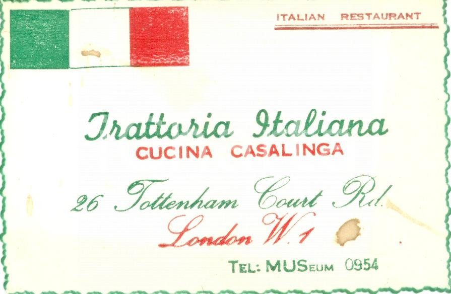 Materiale pubblicitario d’epoca 1955 ca LONDON UK Trattoria italiana in TOTTENHAM COURT RD. Biglietto 1