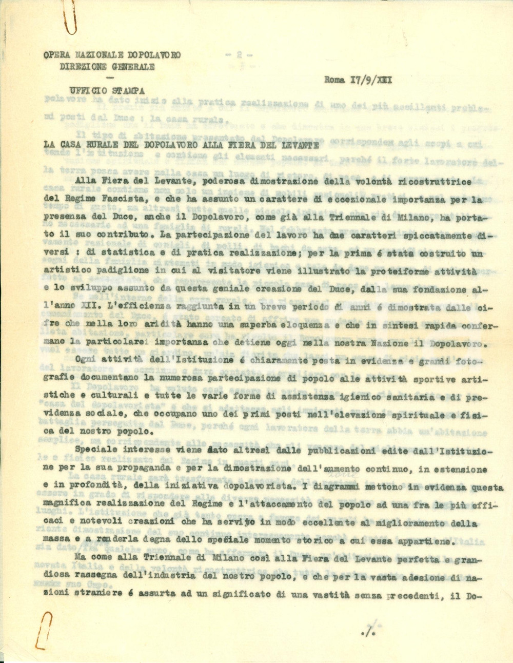 Documento originale, autentico 1933 BARI FIERA DEL LEVANTE Nuova casa rurale del Dopolavoro Relazione 1