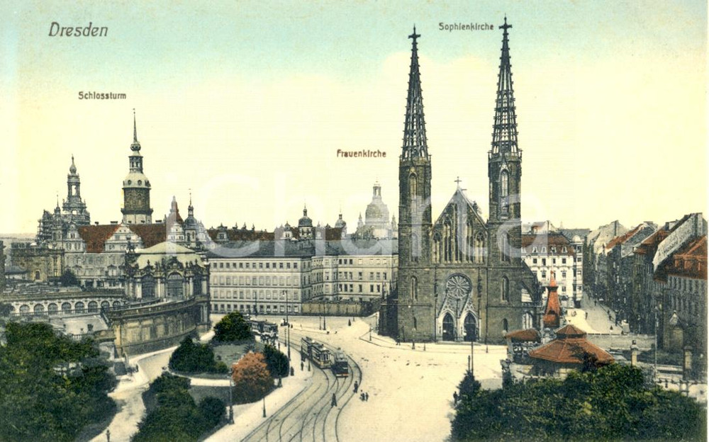 Cartolina originale da collezione 1910 ca DRESDEN D Sophienkirche  Frauenkirche  Schlossturm Cartolina ANIMATA 1