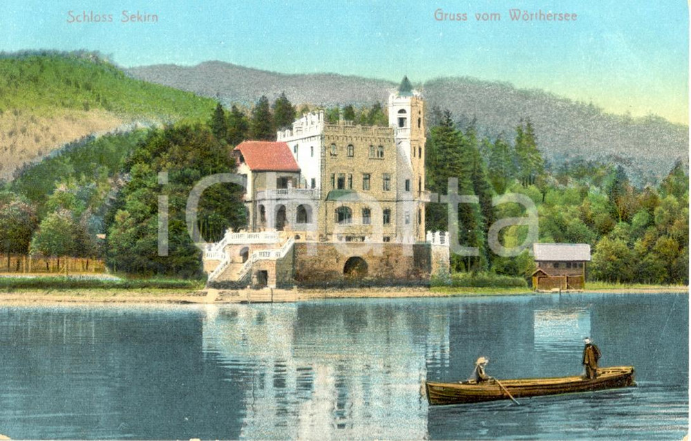 Cartolina originale da collezione 1910 SEKIRN A Veduta del Castello dal lago con barca Cartolina animata FP NV 1