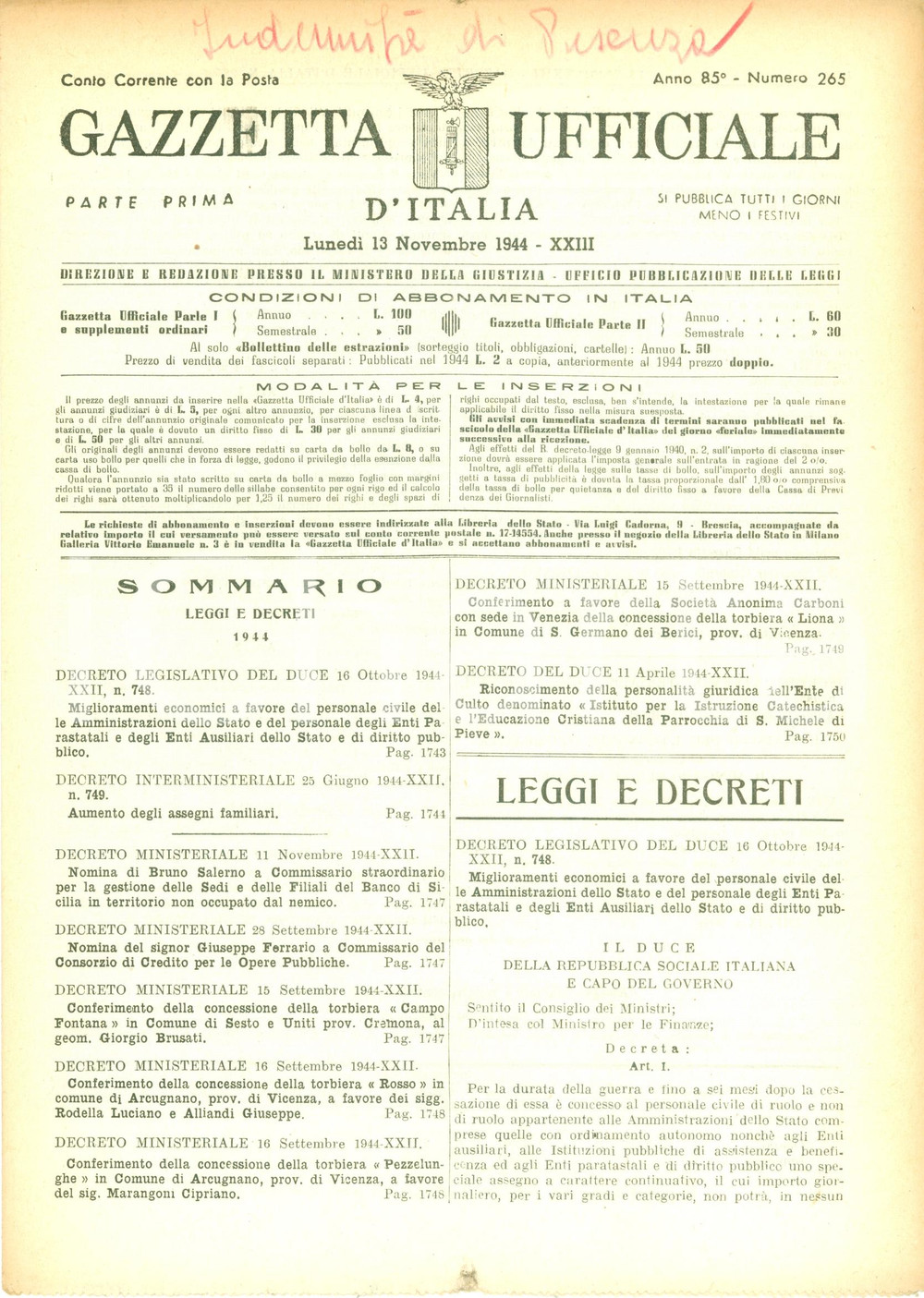 Documento originale, autentico 1944 GAZZETTA UFFICIALE RSI Nuovo ordinamento Ginnasio e Liceo Riforma scuola 1