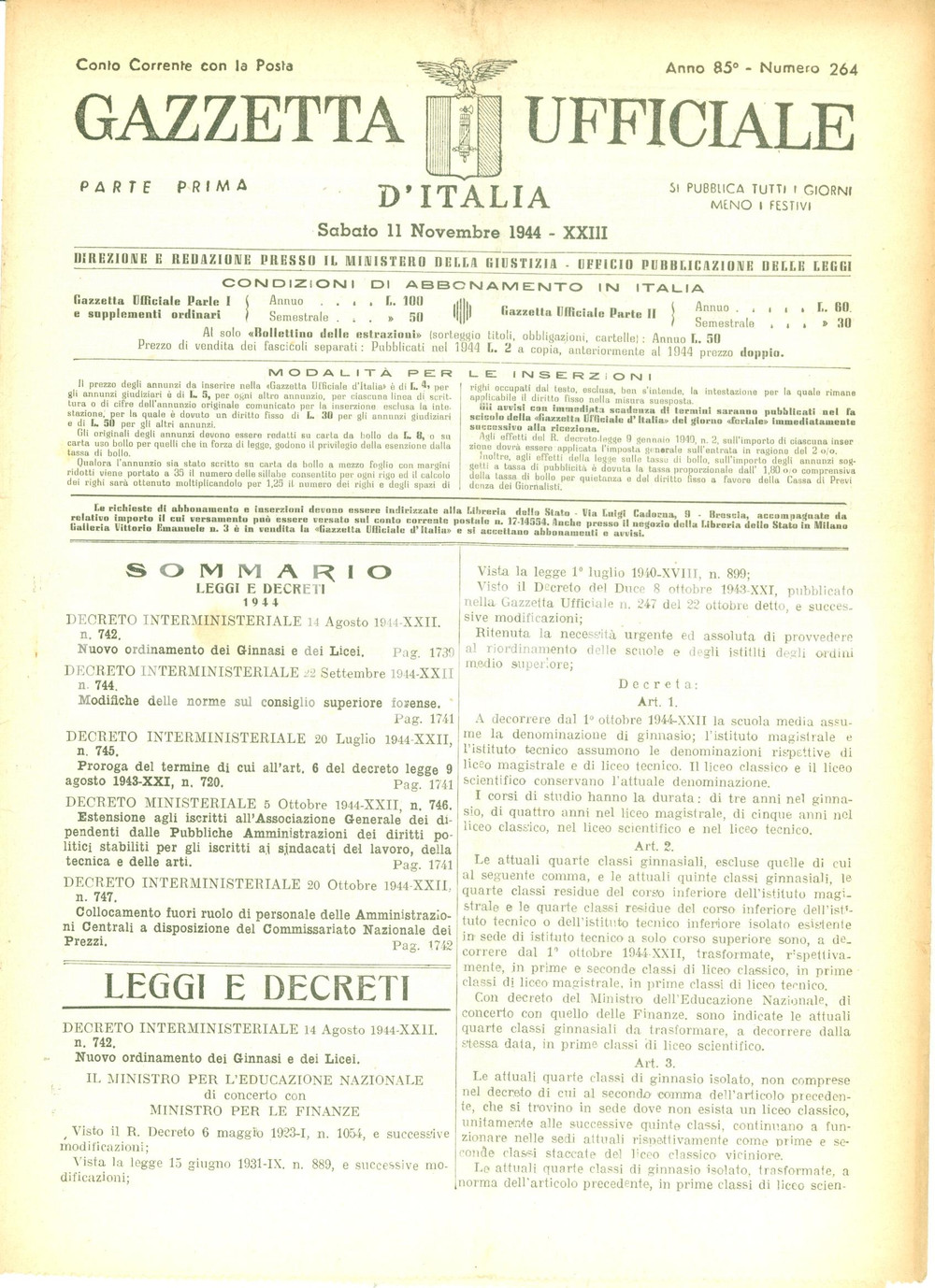 Documento originale, autentico 1944 GAZZETTA UFFICIALE RSI Giorgio BRUSATI torbiera CAMPO FONTANA a SESTO UNITI 1