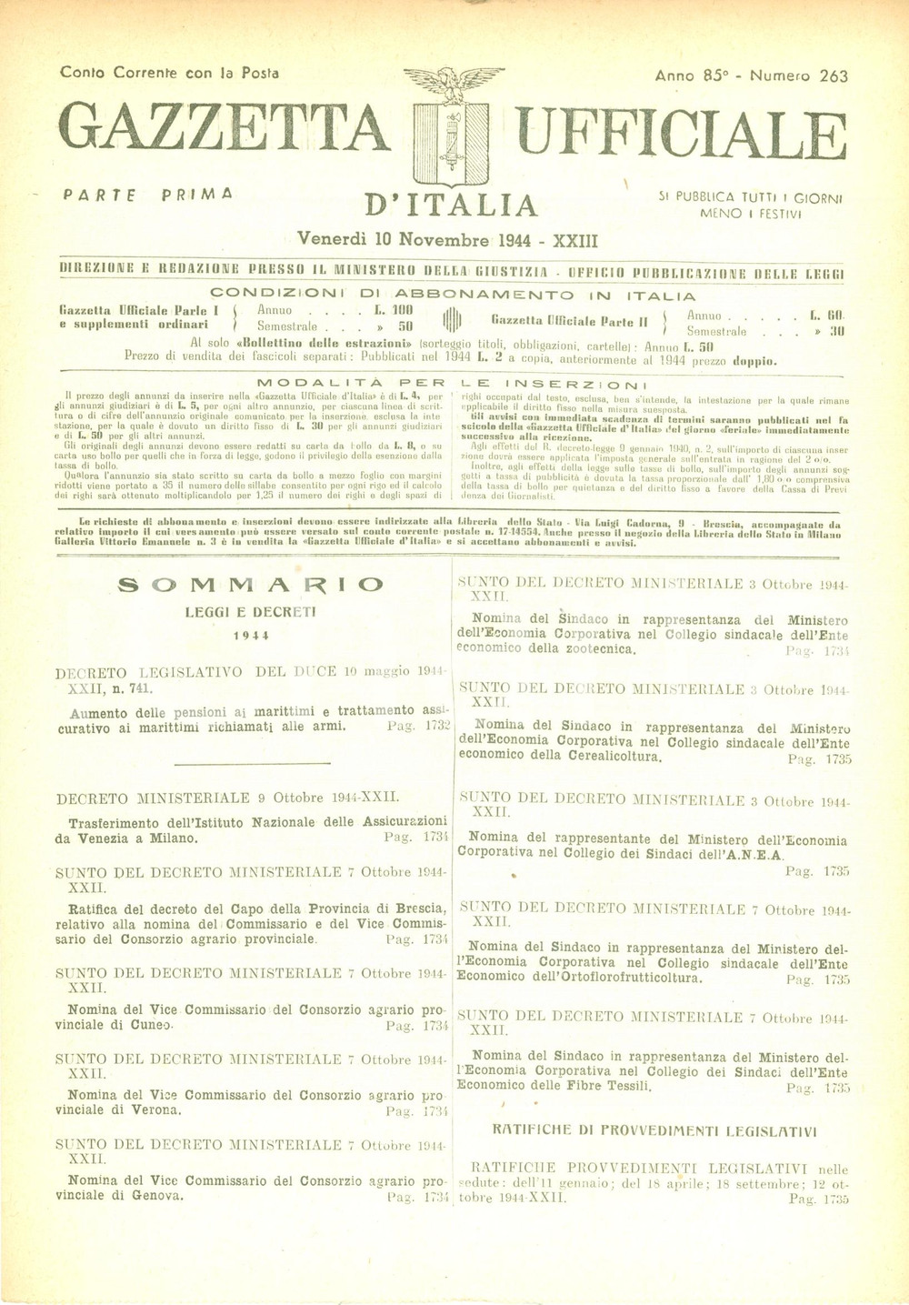 Documento originale, autentico 1944 GAZZETTA UFFICIALE RSI Aumento pensioni marittimi LLOYD TRIESTINO 1