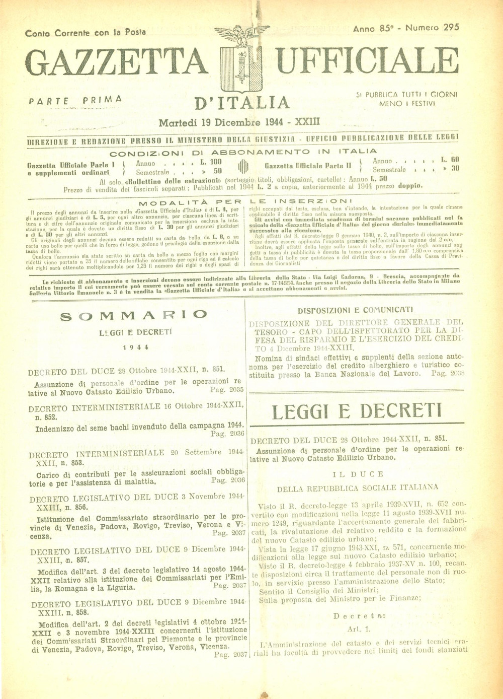 Documento originale, autentico 1944 GAZZETTA UFFICIALE RSI Indennizzo seme bachi da seta invenduto F.I.C.A. 1