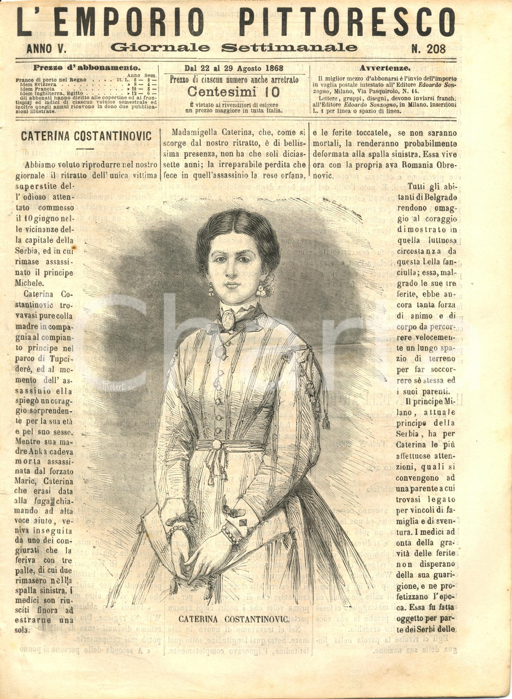 Giornale, rivista storica 1868 L EMPORIO PITTORESCO Caterina COSTANTINOVIC  attentato in SERBIA Rivista 1