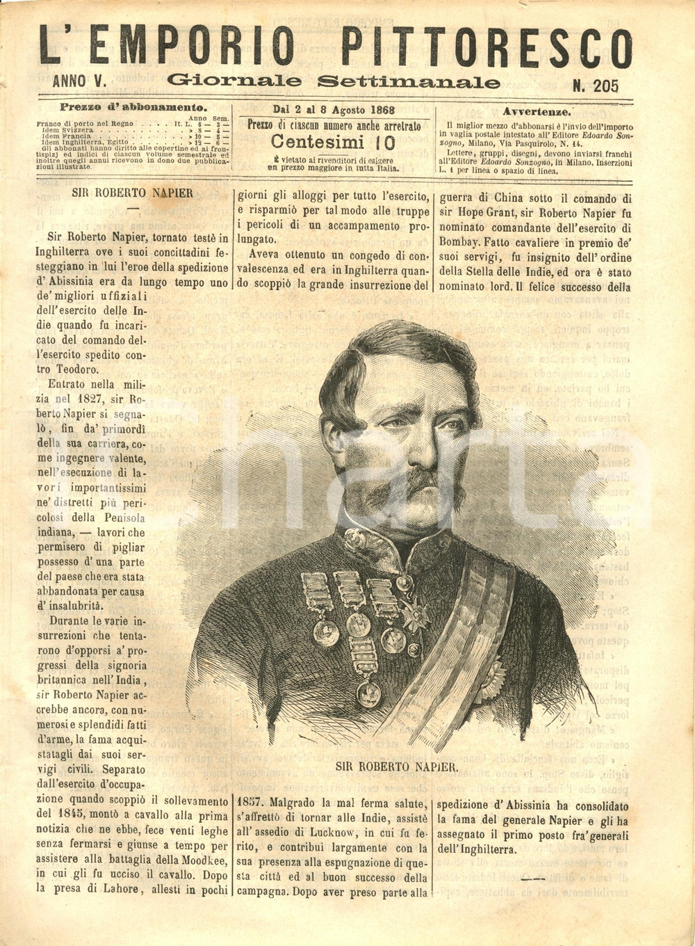 Giornale, rivista storica 1868 L EMPORIO PITTORESCO Sir Roberto NAPIER in Abissinia Rivista ILLUSTRATA 1