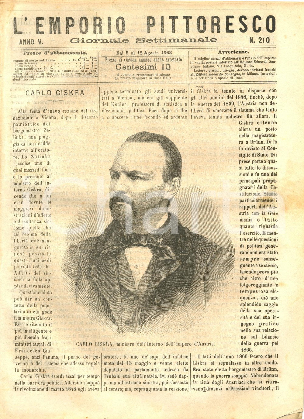 Giornale, rivista storica 1868 L EMPORIO PITTORESCO Carlo GISKRA Ministro Interno  IMPERO AUSTRIA Rivista 1